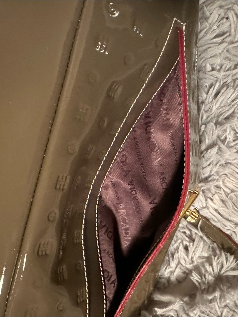 Arcadia Olive Patent Satchel with Red-Trim Handles - Picture 5 of 5